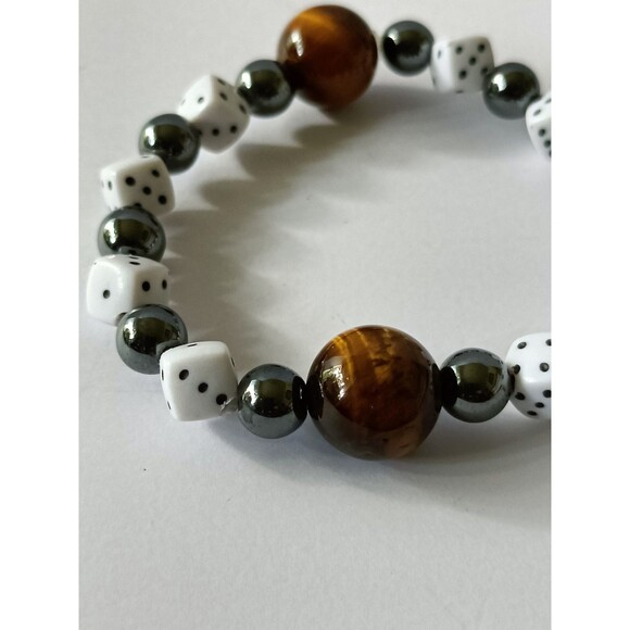 Tigereye Dice Bead Bracelet Black White Charm Multicolored Adjustable - Picture 3 of 4